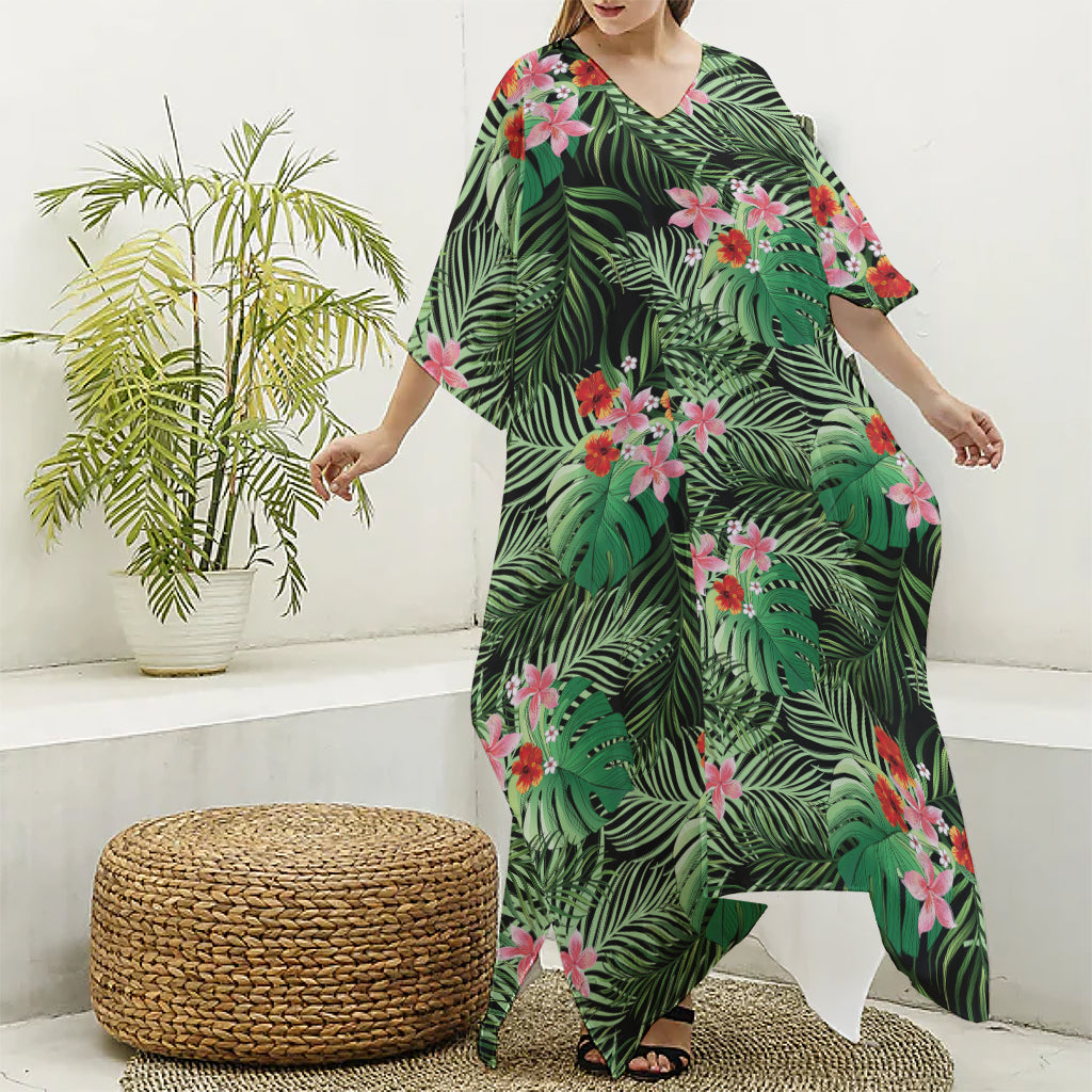 Palm Hawaiian Tropical Pattern Print Silk V-Neck Kaftan Dress