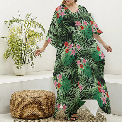 Palm Hawaiian Tropical Pattern Print Silk V-Neck Kaftan Dress