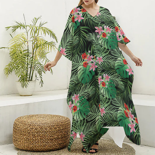 Palm Hawaiian Tropical Pattern Print Silk V-Neck Kaftan Dress