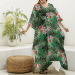 Palm Hawaiian Tropical Pattern Print Silk V-Neck Kaftan Dress