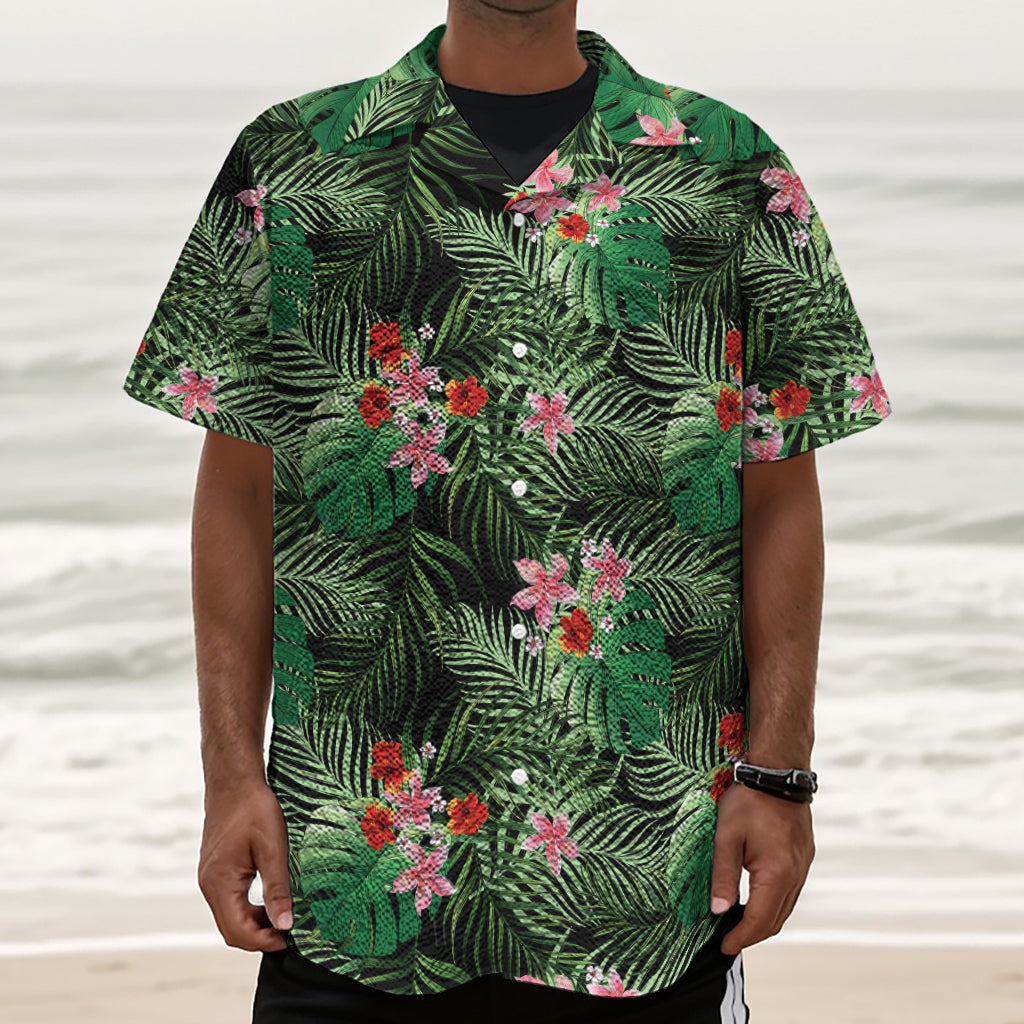 Palm Hawaiian Tropical Pattern Print Textured Short Sleeve Shirt