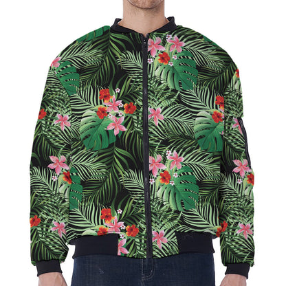Palm Hawaiian Tropical Pattern Print Zip Sleeve Bomber Jacket