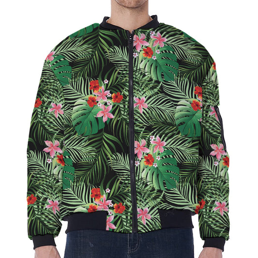 Palm Hawaiian Tropical Pattern Print Zip Sleeve Bomber Jacket