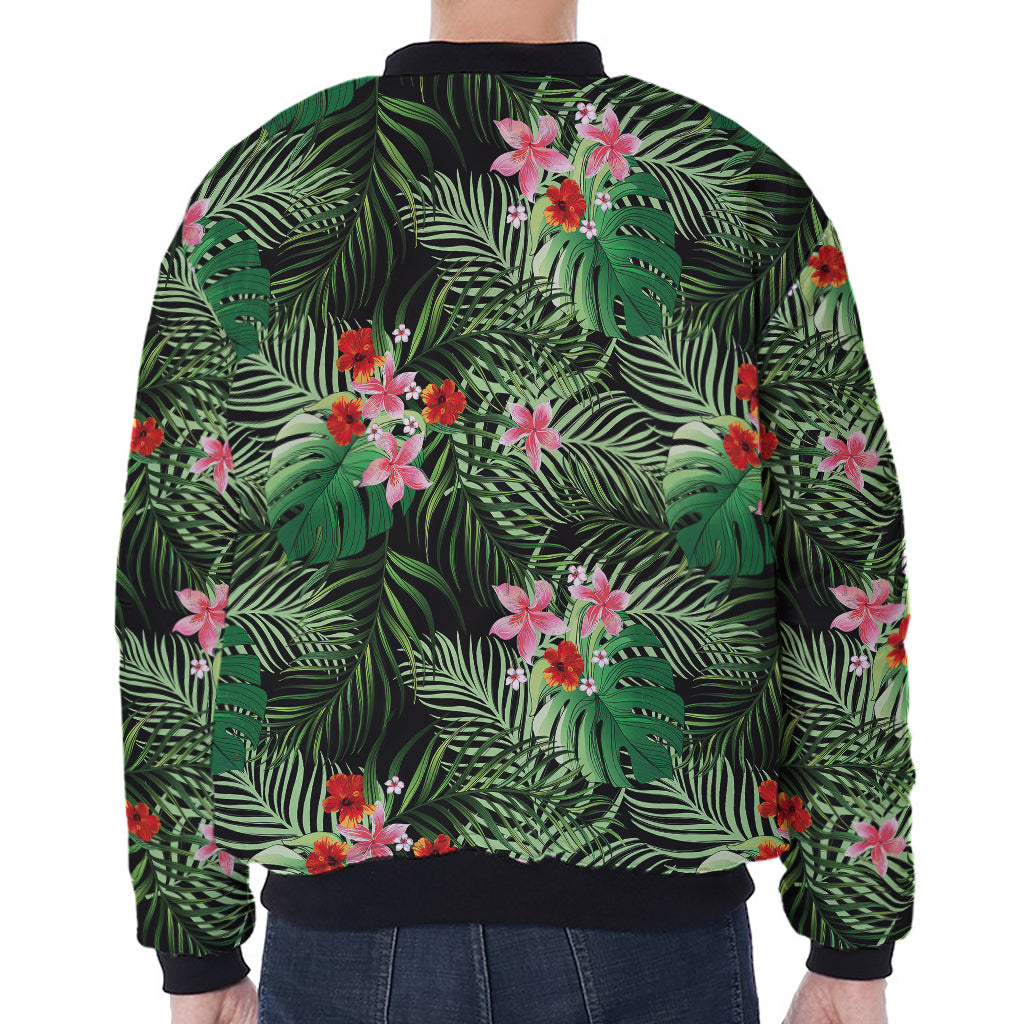 Palm Hawaiian Tropical Pattern Print Zip Sleeve Bomber Jacket