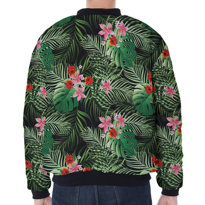 Palm Hawaiian Tropical Pattern Print Zip Sleeve Bomber Jacket