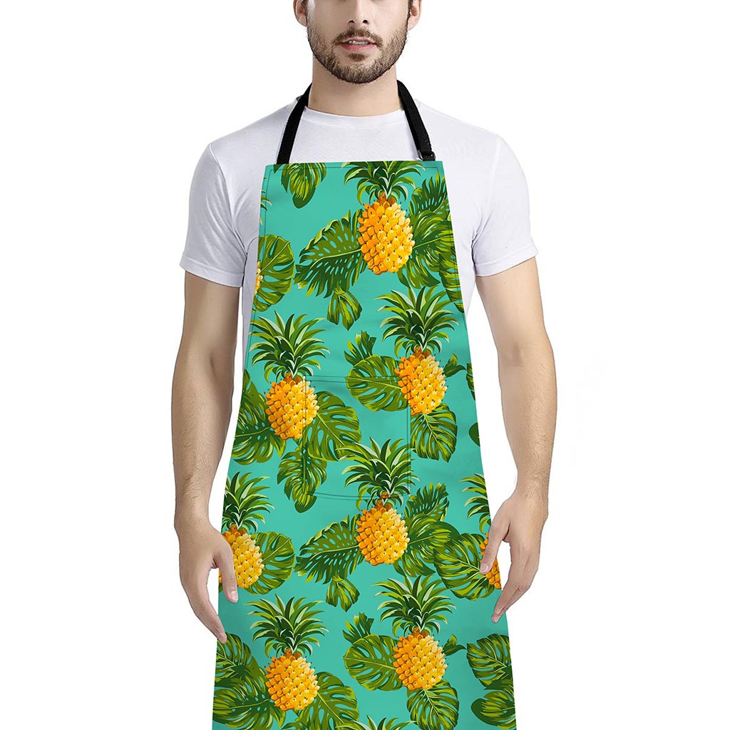 Palm Leaf Pineapple Pattern Print Bib Apron With Pocket