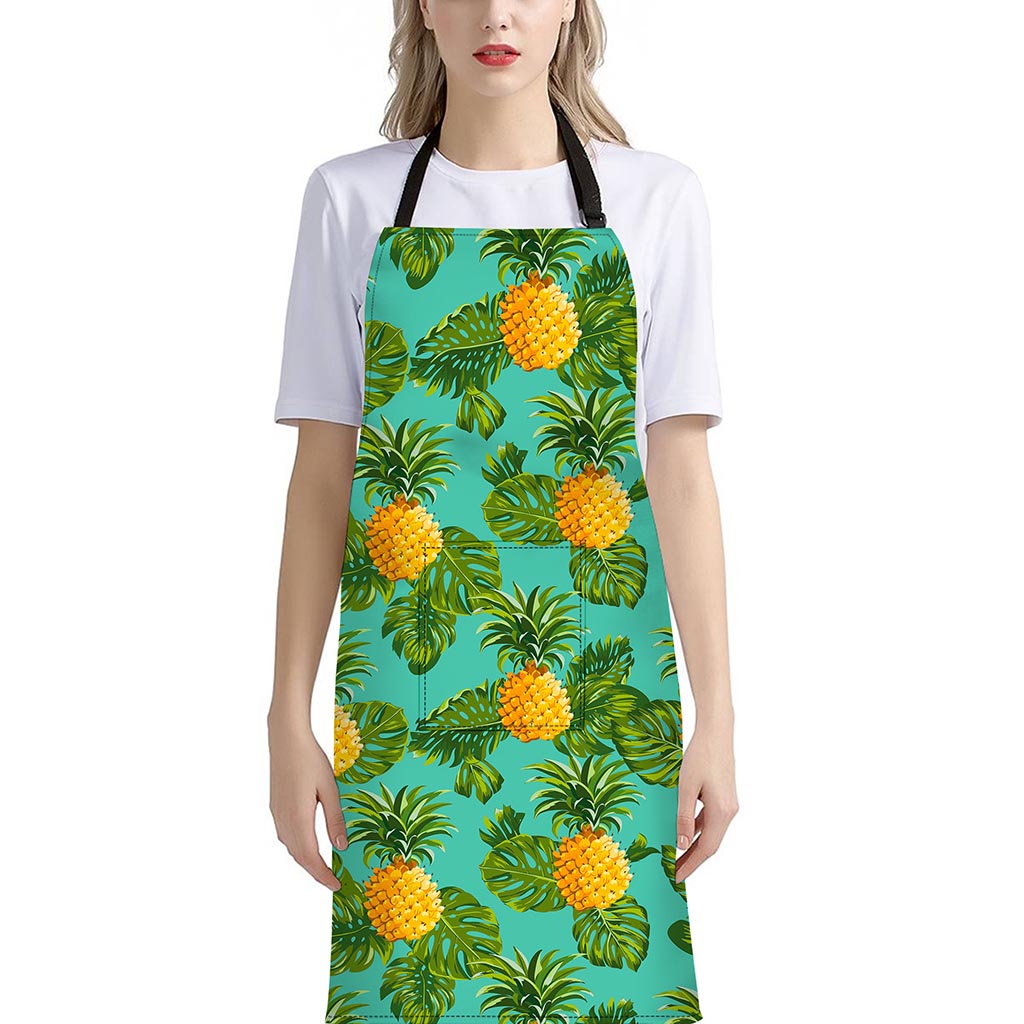 Palm Leaf Pineapple Pattern Print Bib Apron With Pocket