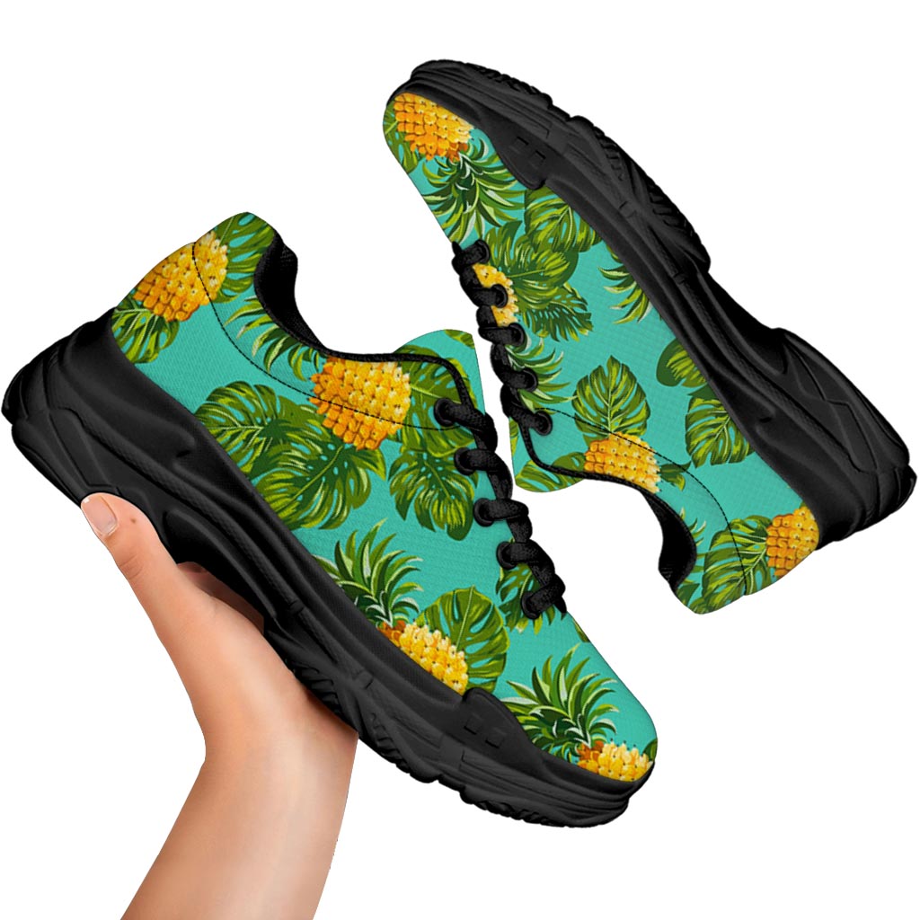Palm Leaf Pineapple Pattern Print Black Chunky Shoes
