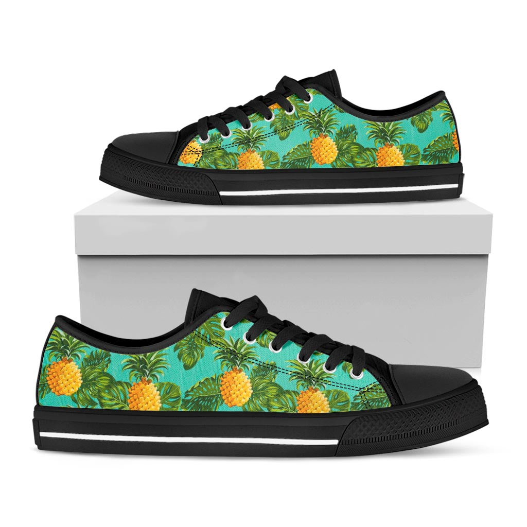 Palm Leaf Pineapple Pattern Print Black Low Top Sneakers