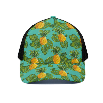 Palm Leaf Pineapple Pattern Print Black Mesh Trucker Cap