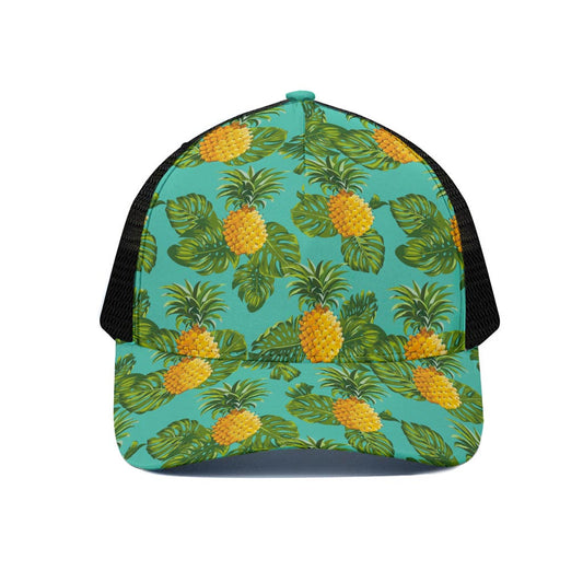 Palm Leaf Pineapple Pattern Print Black Mesh Trucker Cap