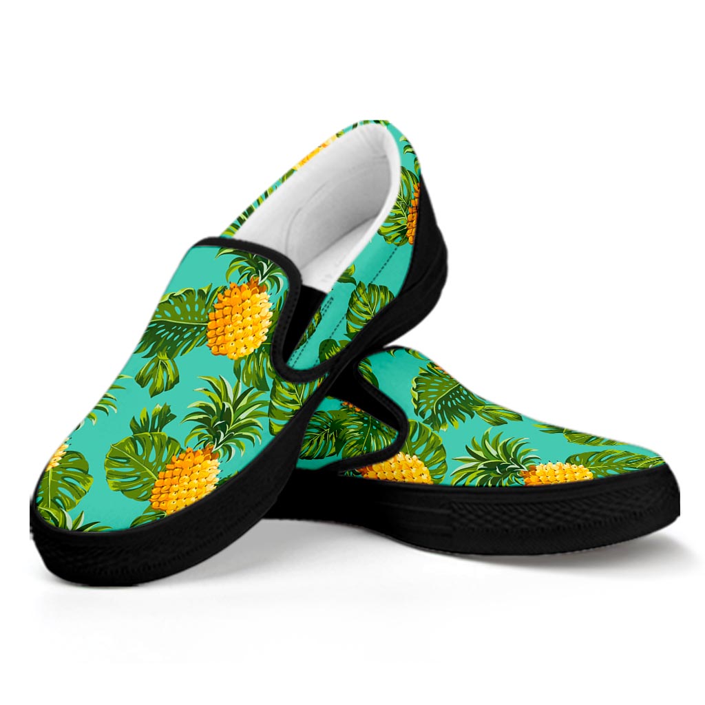 Palm Leaf Pineapple Pattern Print Black Slip On Sneakers