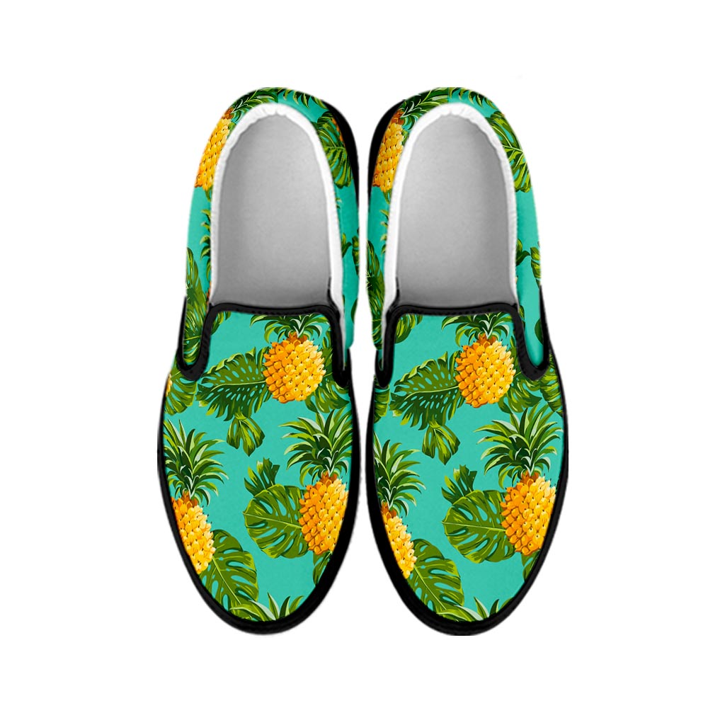 Palm Leaf Pineapple Pattern Print Black Slip On Sneakers