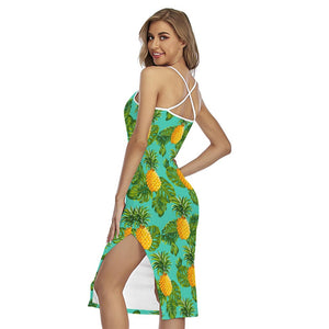 Palm Leaf Pineapple Pattern Print Cross Back Cami Dress