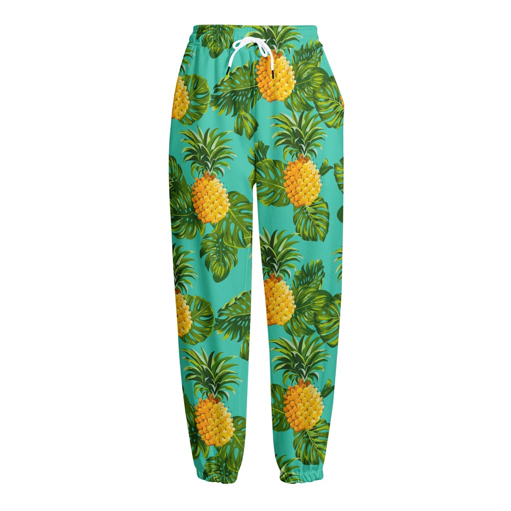 Palm Leaf Pineapple Pattern Print Fleece Lined Knit Pants