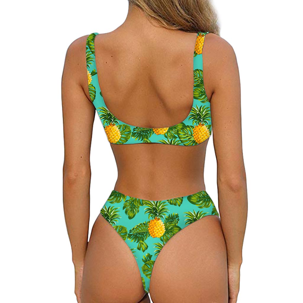Palm Leaf Pineapple Pattern Print Front Bow Tie Bikini