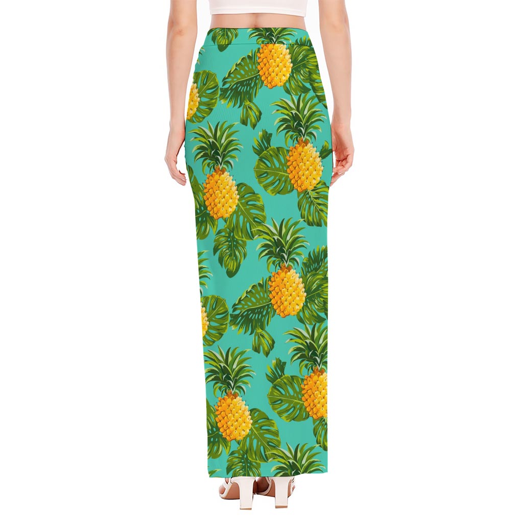Palm Leaf Pineapple Pattern Print High Slit Maxi Skirt