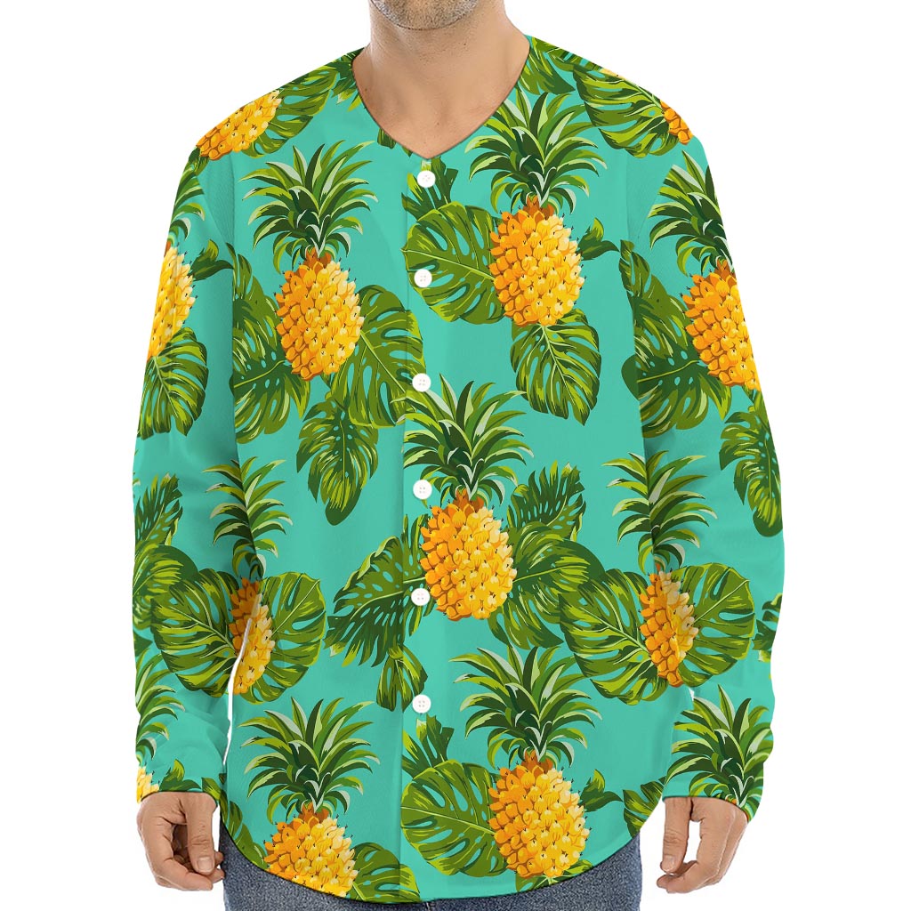 Palm Leaf Pineapple Pattern Print Long Sleeve Baseball Jersey