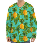 Palm Leaf Pineapple Pattern Print Long Sleeve Baseball Jersey
