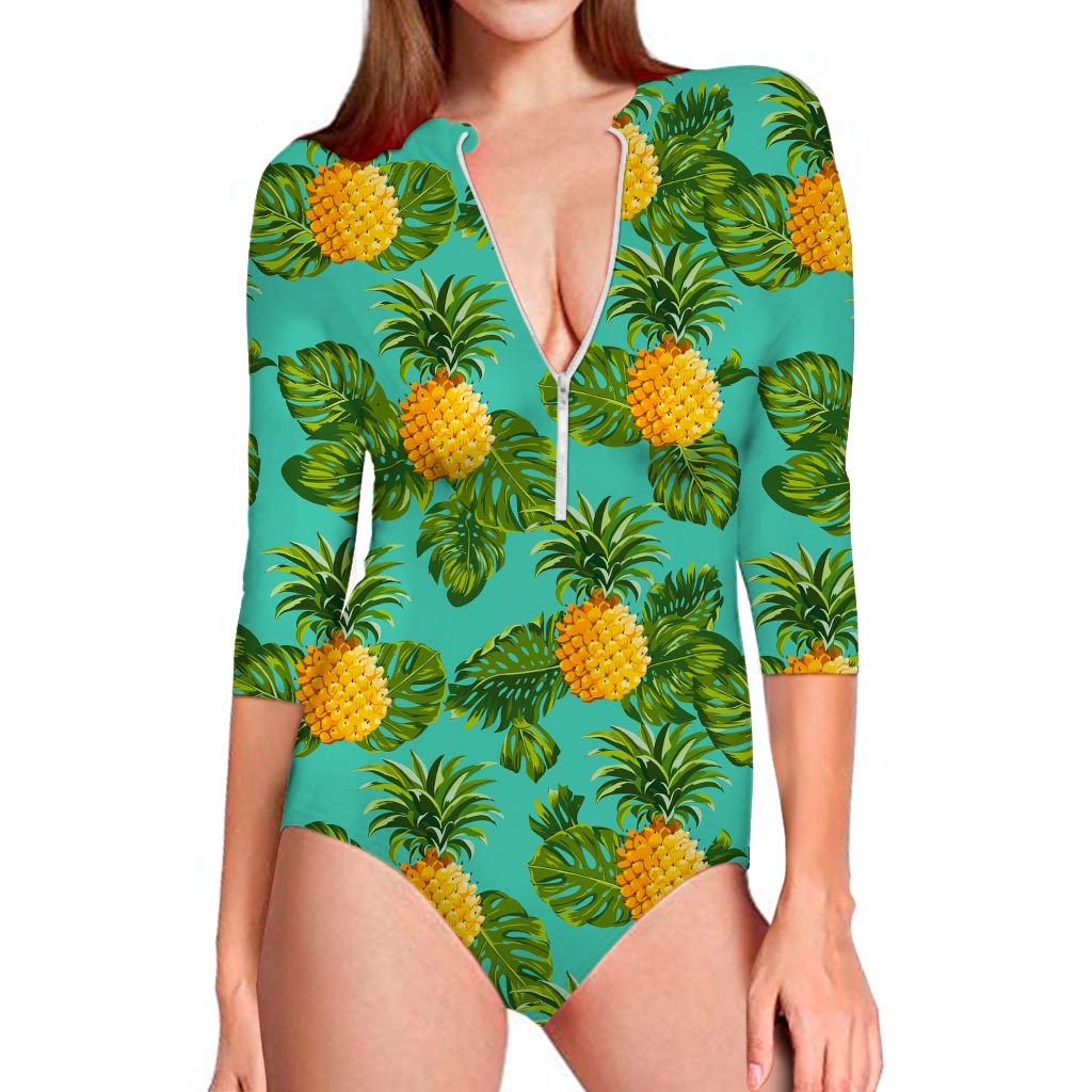Palm Leaf Pineapple Pattern Print Long Sleeve Swimsuit