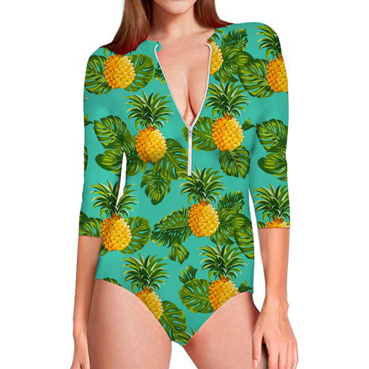 Palm Leaf Pineapple Pattern Print Long Sleeve Swimsuit