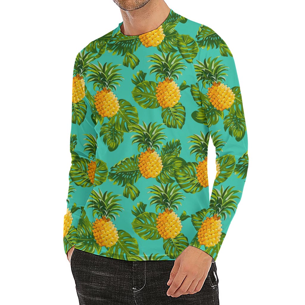 Palm Leaf Pineapple Pattern Print Men's Long Sleeve Rash Guard