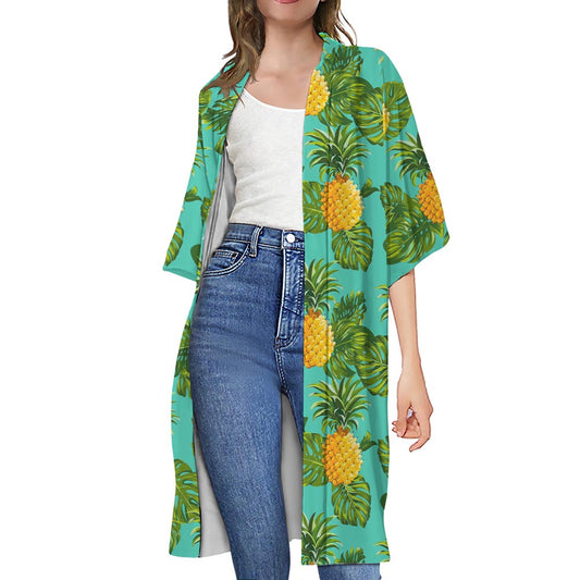 Palm Leaf Pineapple Pattern Print Open Front Beach Cover Up