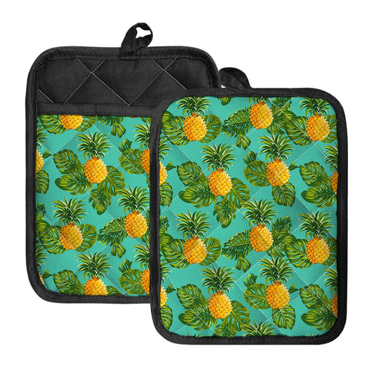 Palm Leaf Pineapple Pattern Print Pot Holders With Pocket