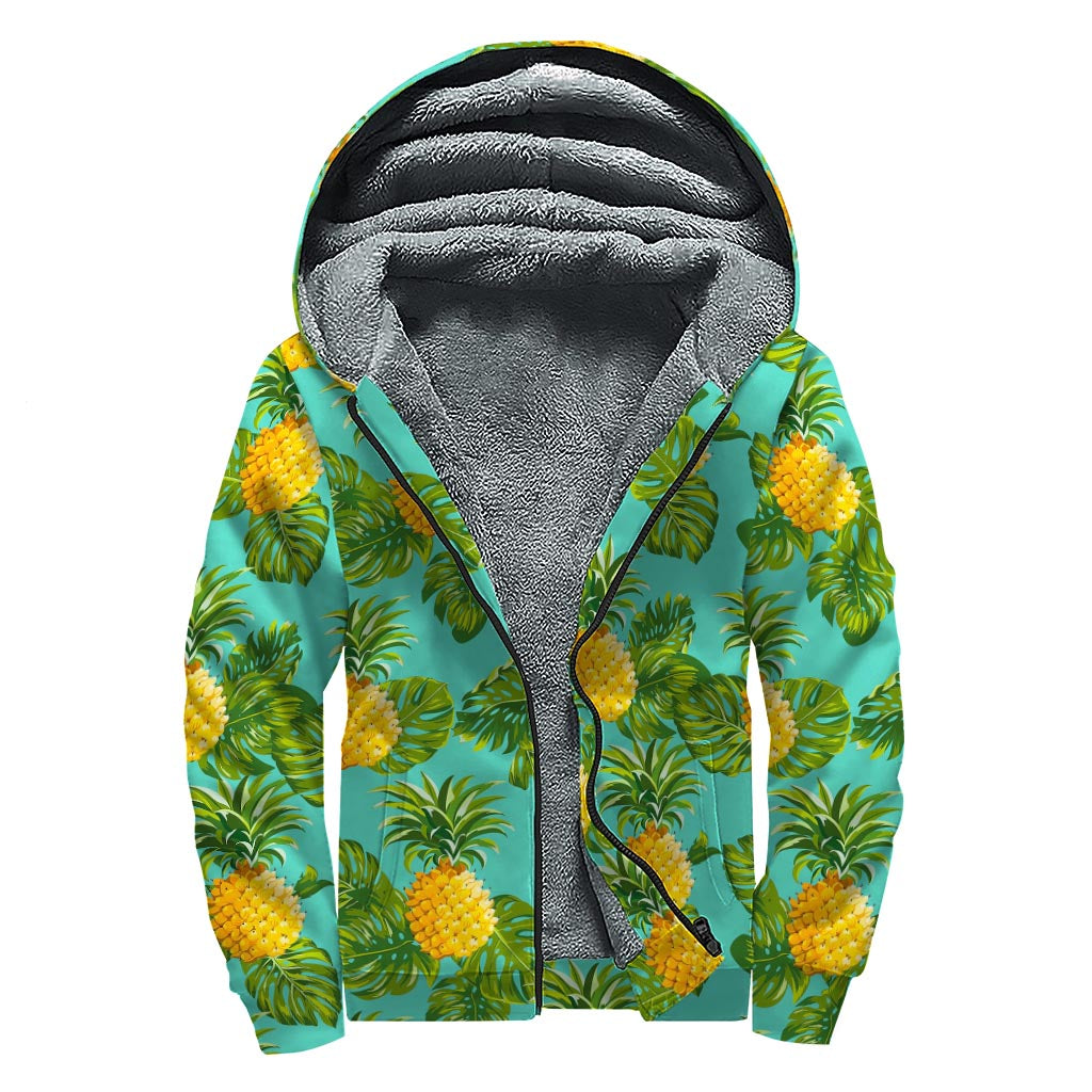 Palm Leaf Pineapple Pattern Print Sherpa Lined Zip Up Hoodie