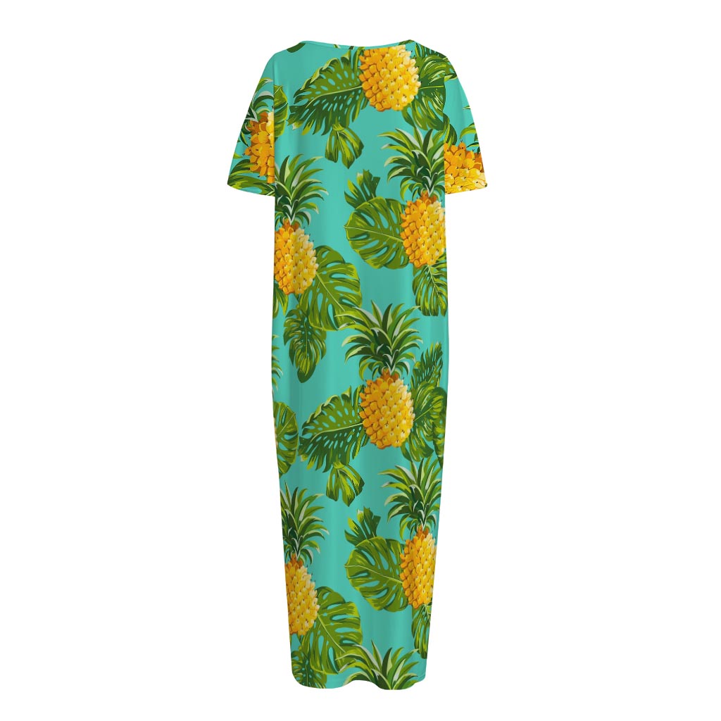 Palm Leaf Pineapple Pattern Print Short Sleeve Long Nightdress