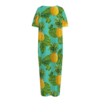 Palm Leaf Pineapple Pattern Print Short Sleeve Long Nightdress