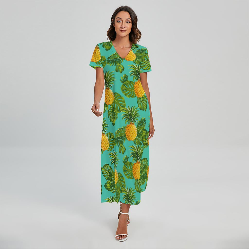 slim fit dress slacks Palm Leaf Pineapple Pattern Print Short Sleeve Maxi Dress