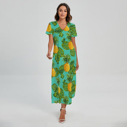 Palm Leaf Pineapple Pattern Print Short Sleeve Maxi Dress