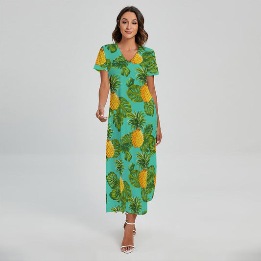 Palm Leaf Pineapple Pattern Print Short Sleeve Maxi Dress