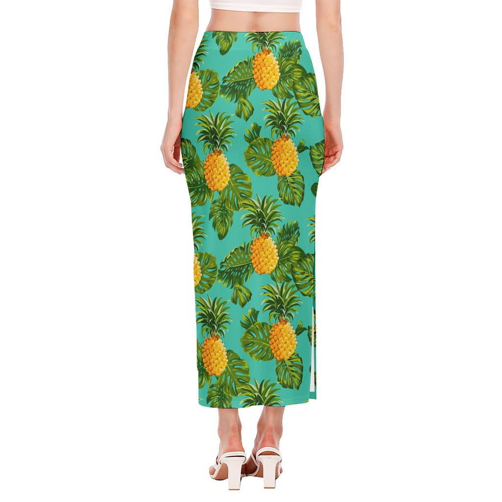 Palm Leaf Pineapple Pattern Print Side Slit Maxi Skirt