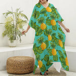 Palm Leaf Pineapple Pattern Print Silk V-Neck Kaftan Dress