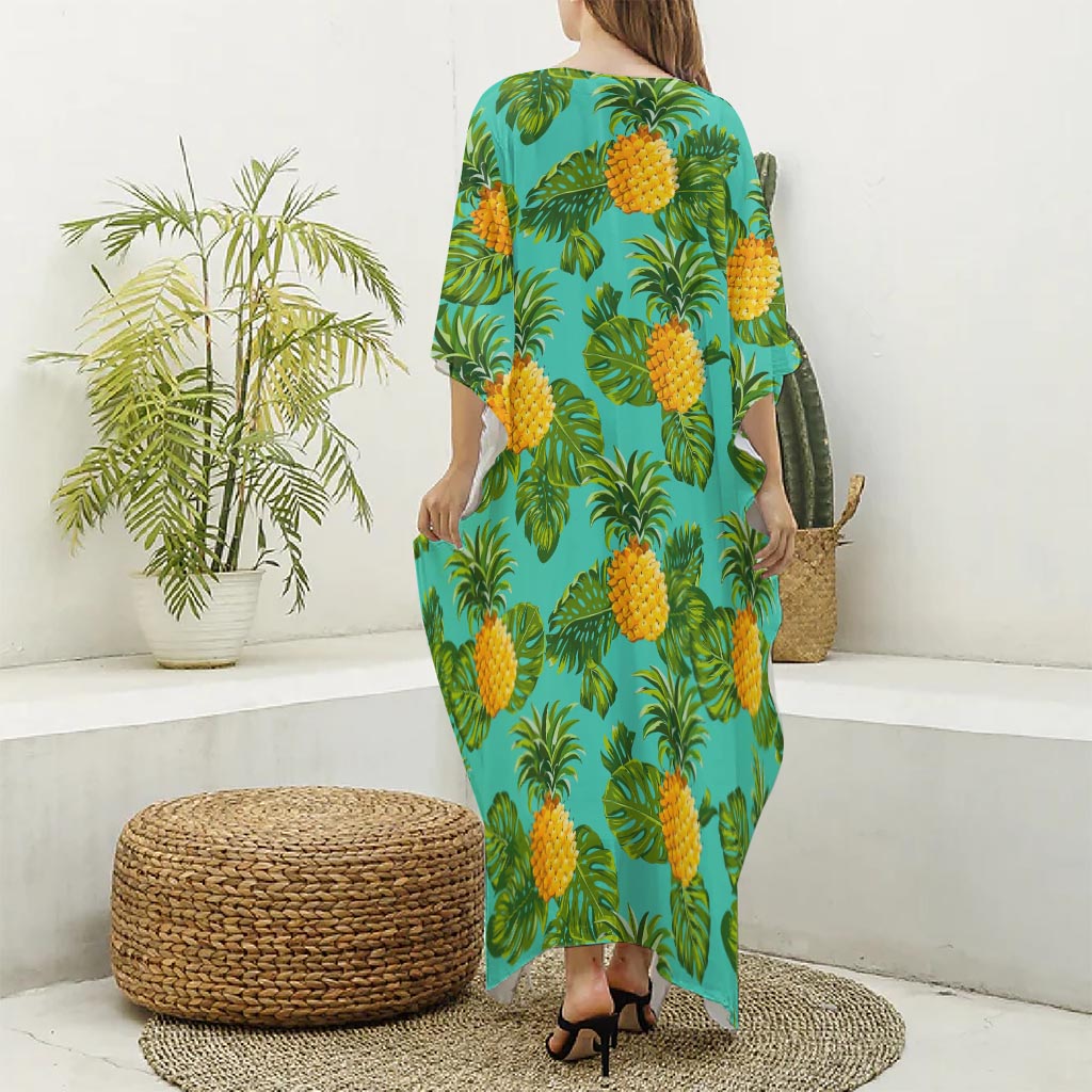 Palm Leaf Pineapple Pattern Print Silk V-Neck Kaftan Dress