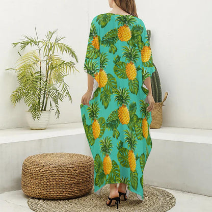 Palm Leaf Pineapple Pattern Print Silk V-Neck Kaftan Dress
