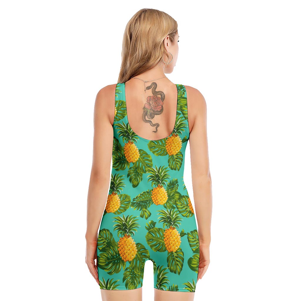 Palm Leaf Pineapple Pattern Print Sleeveless One Piece Swimsuit