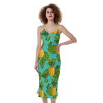 Palm Leaf Pineapple Pattern Print Slim Fit Midi Cami Dress