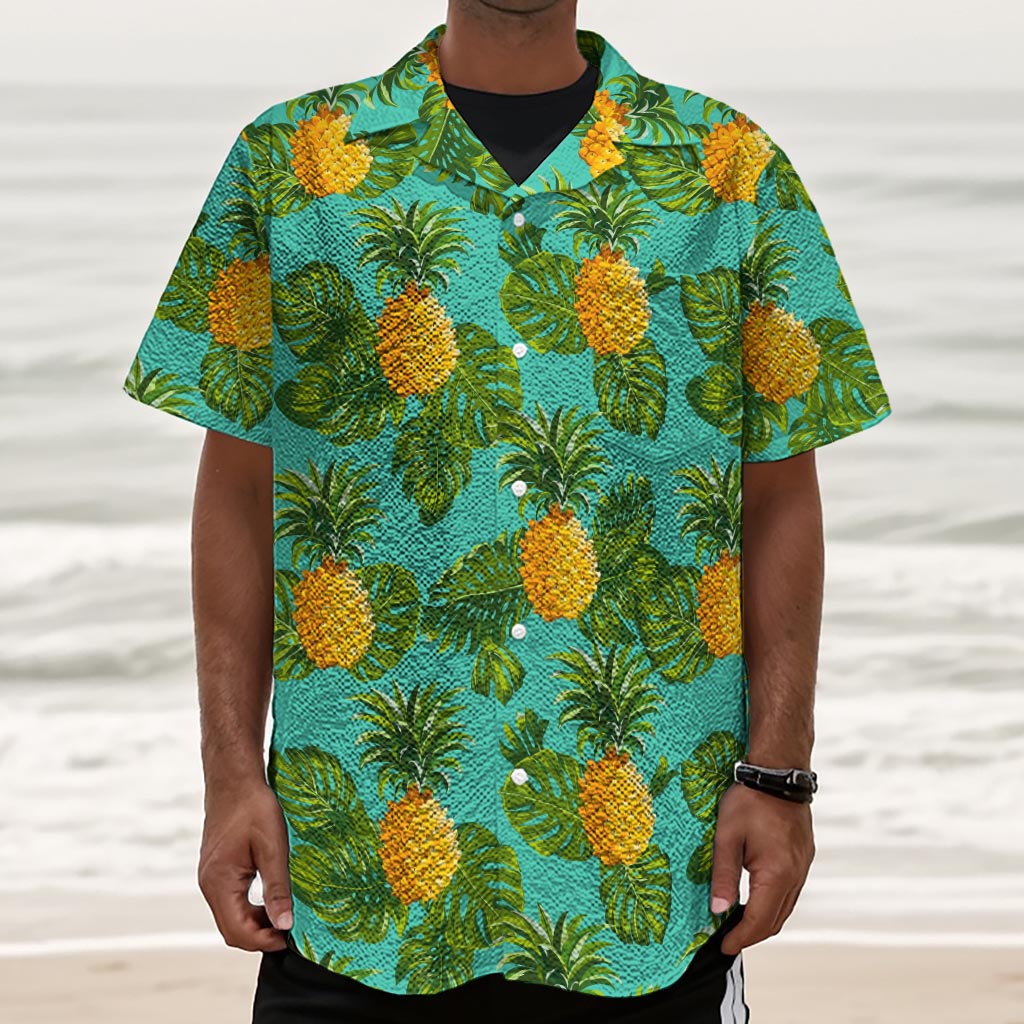 Palm Leaf Pineapple Pattern Print Textured Short Sleeve Shirt