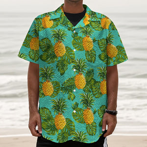 Palm Leaf Pineapple Pattern Print Textured Short Sleeve Shirt