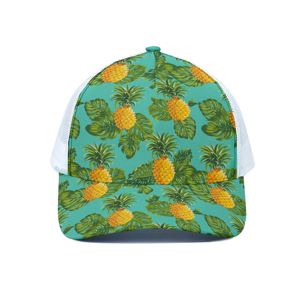 Palm Leaf Pineapple Pattern Print White Mesh Trucker Cap