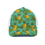 Palm Leaf Pineapple Pattern Print White Mesh Trucker Cap