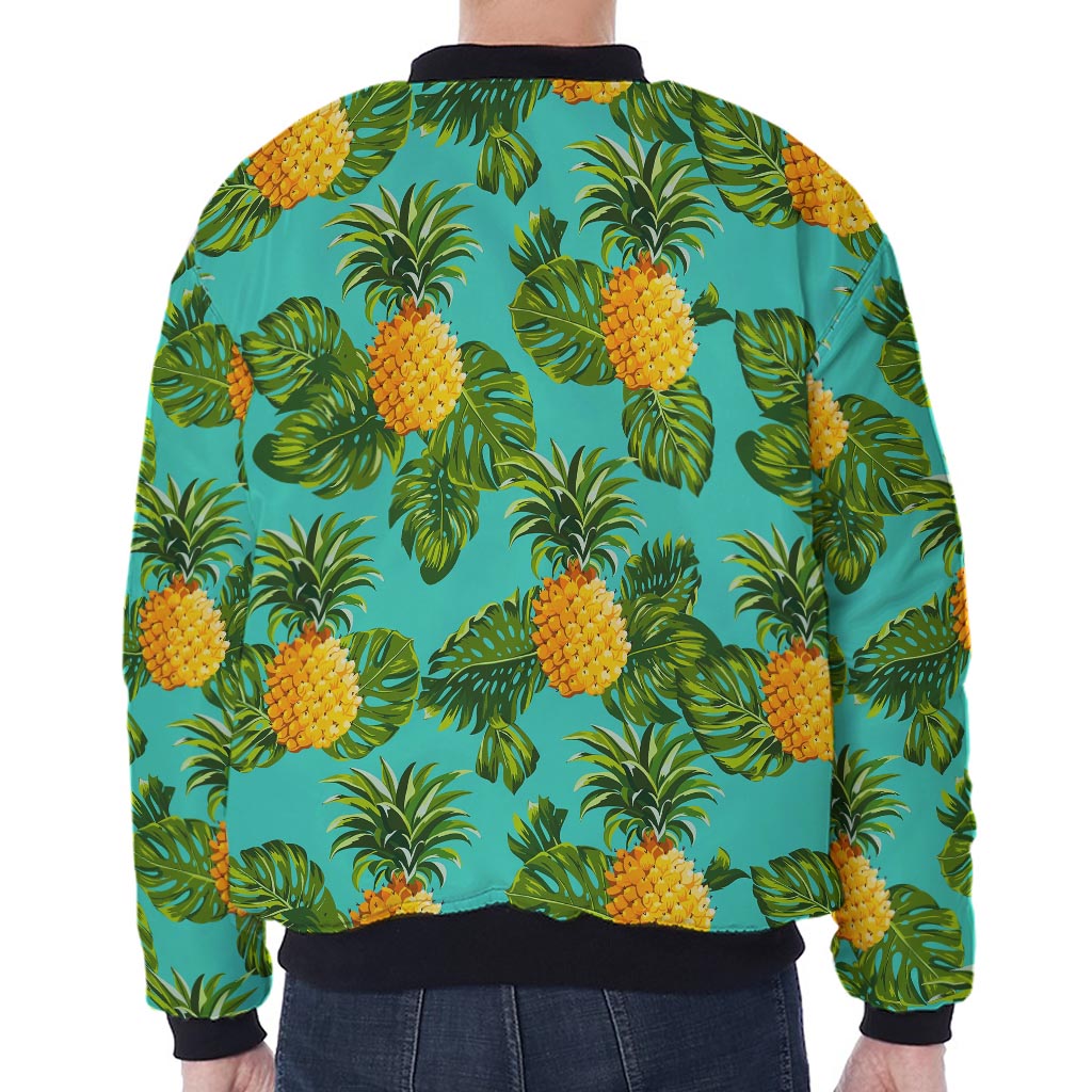 Palm Leaf Pineapple Pattern Print Zip Sleeve Bomber Jacket