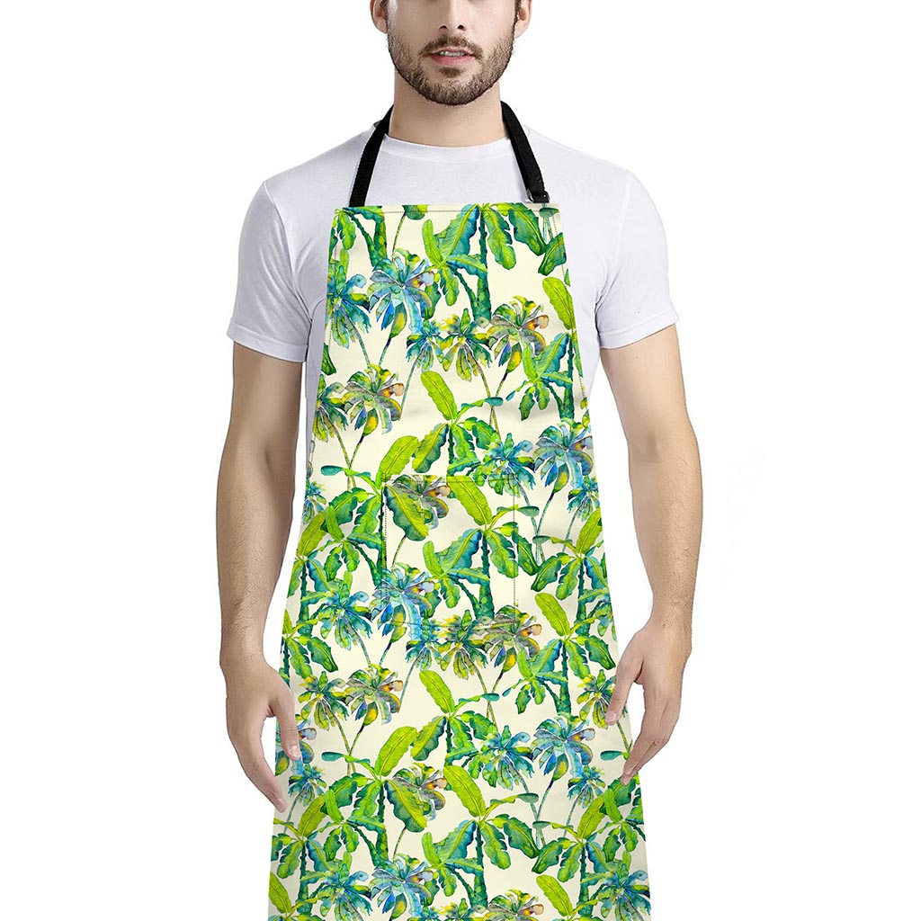 Palm Tree Banana Pattern Print Bib Apron With Pocket