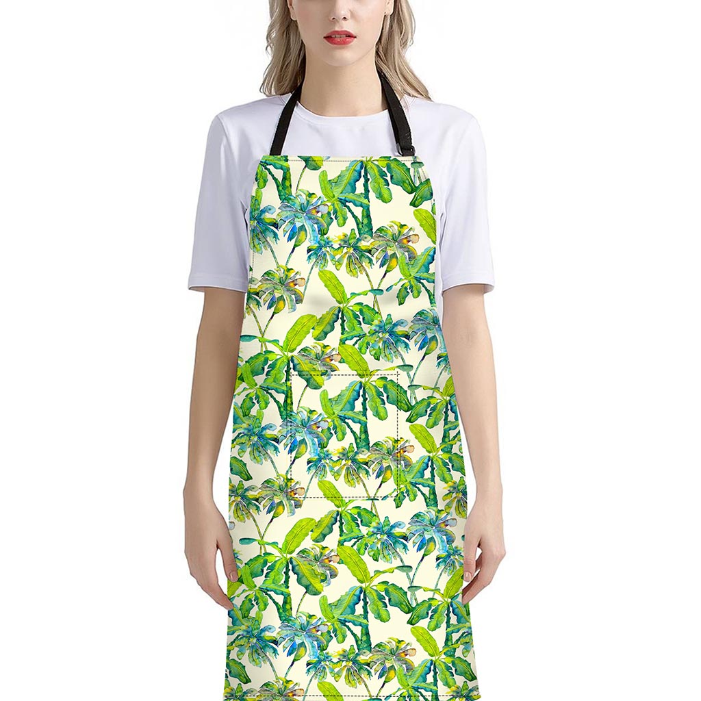 Palm Tree Banana Pattern Print Bib Apron With Pocket
