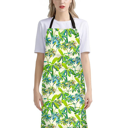 Palm Tree Banana Pattern Print Bib Apron With Pocket
