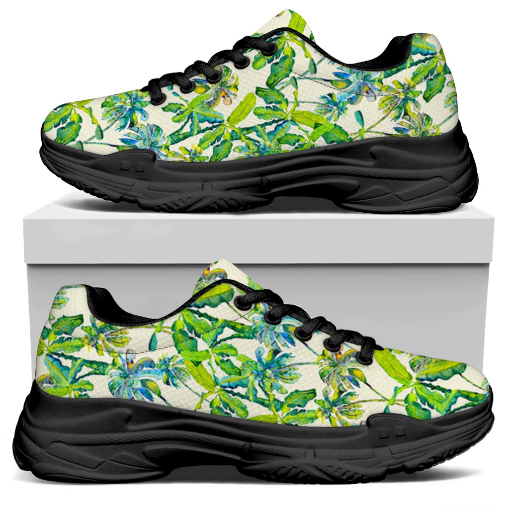 Palm Tree Banana Pattern Print Black Chunky Shoes