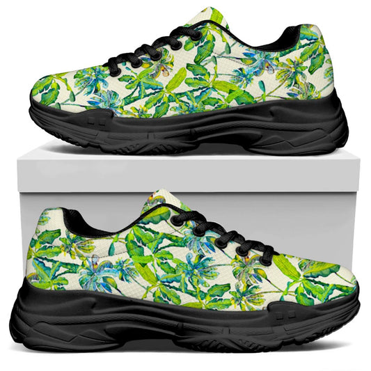 Palm Tree Banana Pattern Print Black Chunky Shoes